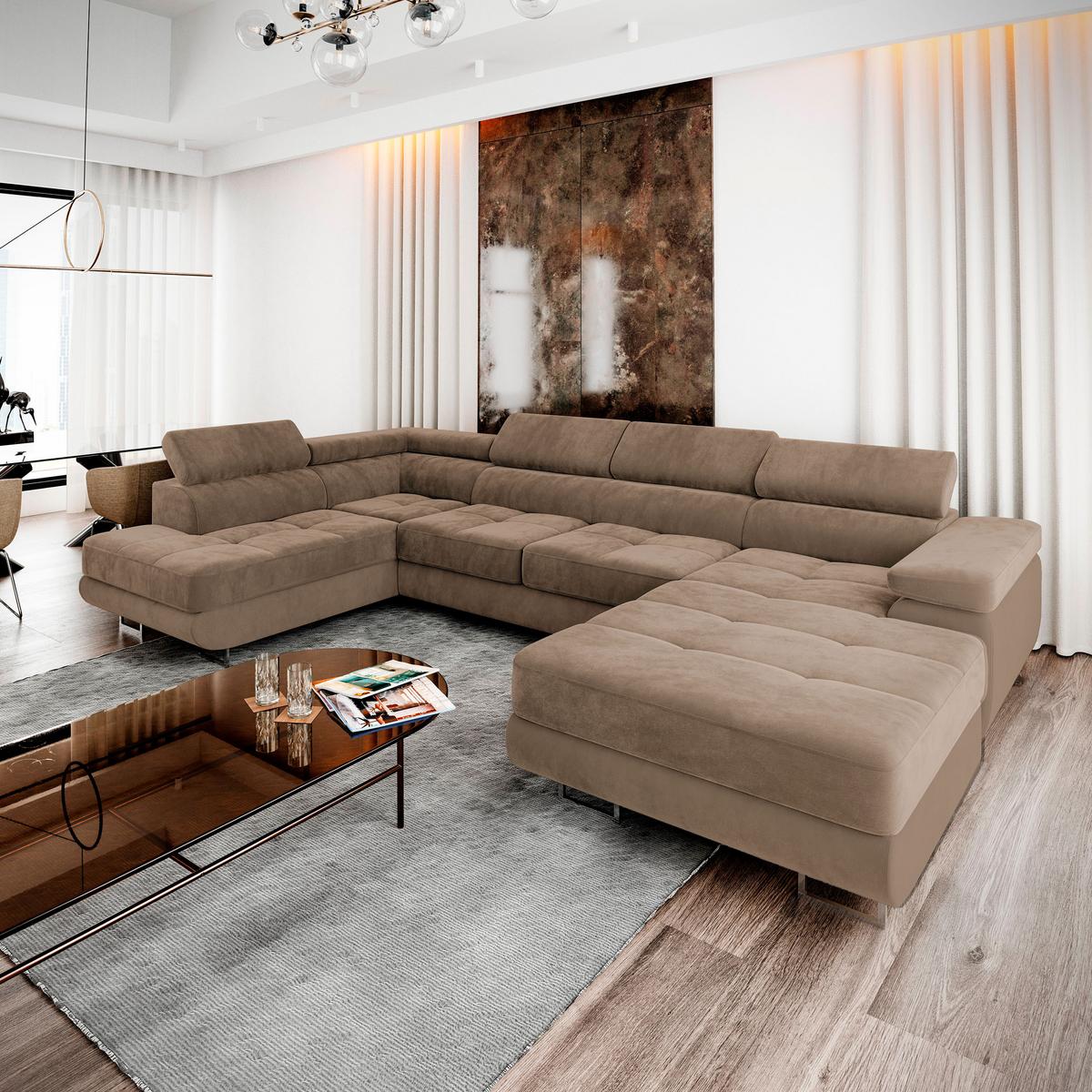 WOHNLANDSCHAFT CASONE L-S Beige Velours-Stoff mit Schlaffunktion - Beige/Silberfarben, Holz/Textil (345/90/202cm) - MASSENO