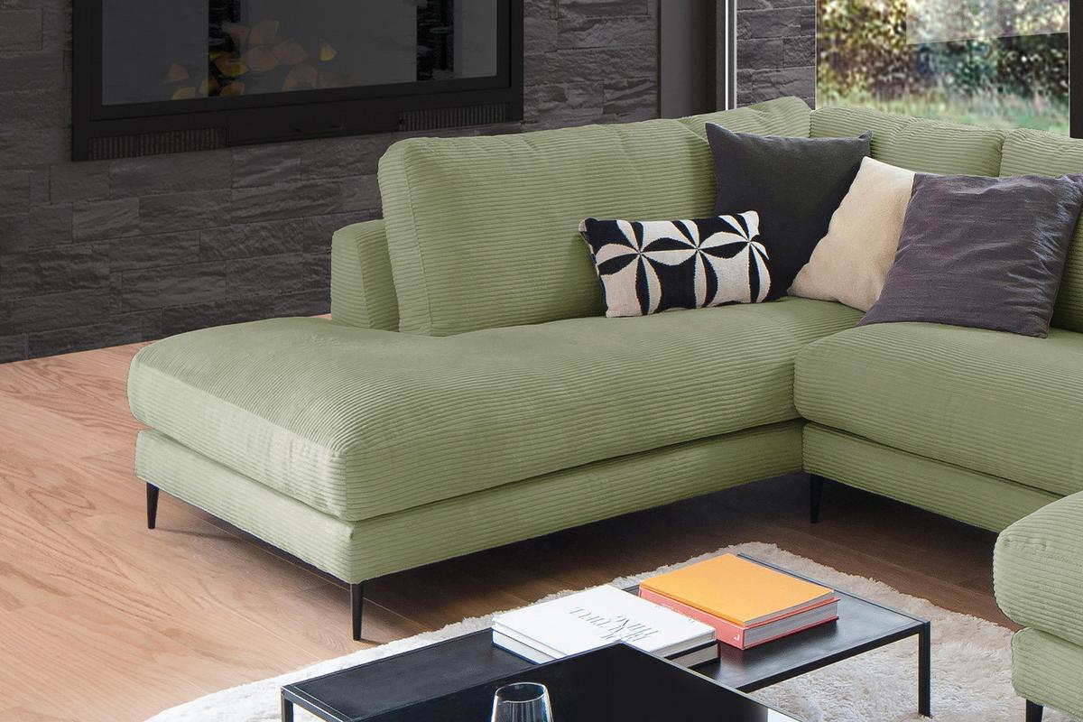WOHNLANDSCHAFT CARA Grün Cord - Schwarz/Olivgrün, Textil (341/84/223cm) - KAWOLA