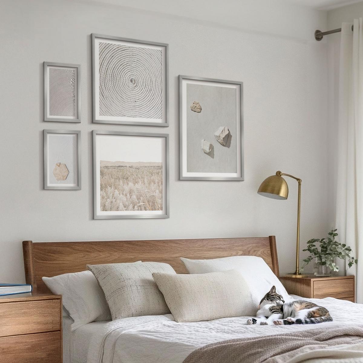 BILDER SET 5er Set - 50x50 cm & 20x30 cm & 40x60 cm Silberner Rahmen - Leichte Boho-Sandtexturen - Silberfarben, Kunststoff (40/60cm) - TULUP
