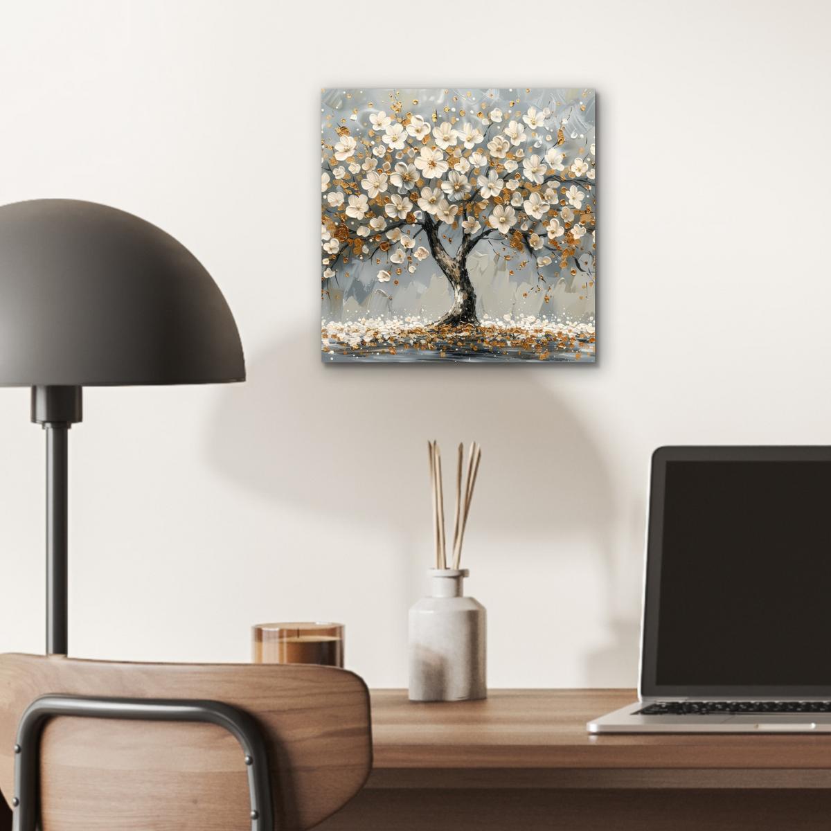 METALLBILD Baum - Blumen - Weiß - Natur - Kunst 20x20 cm - Weiß, Metall (20/20cm) - MuchoWow