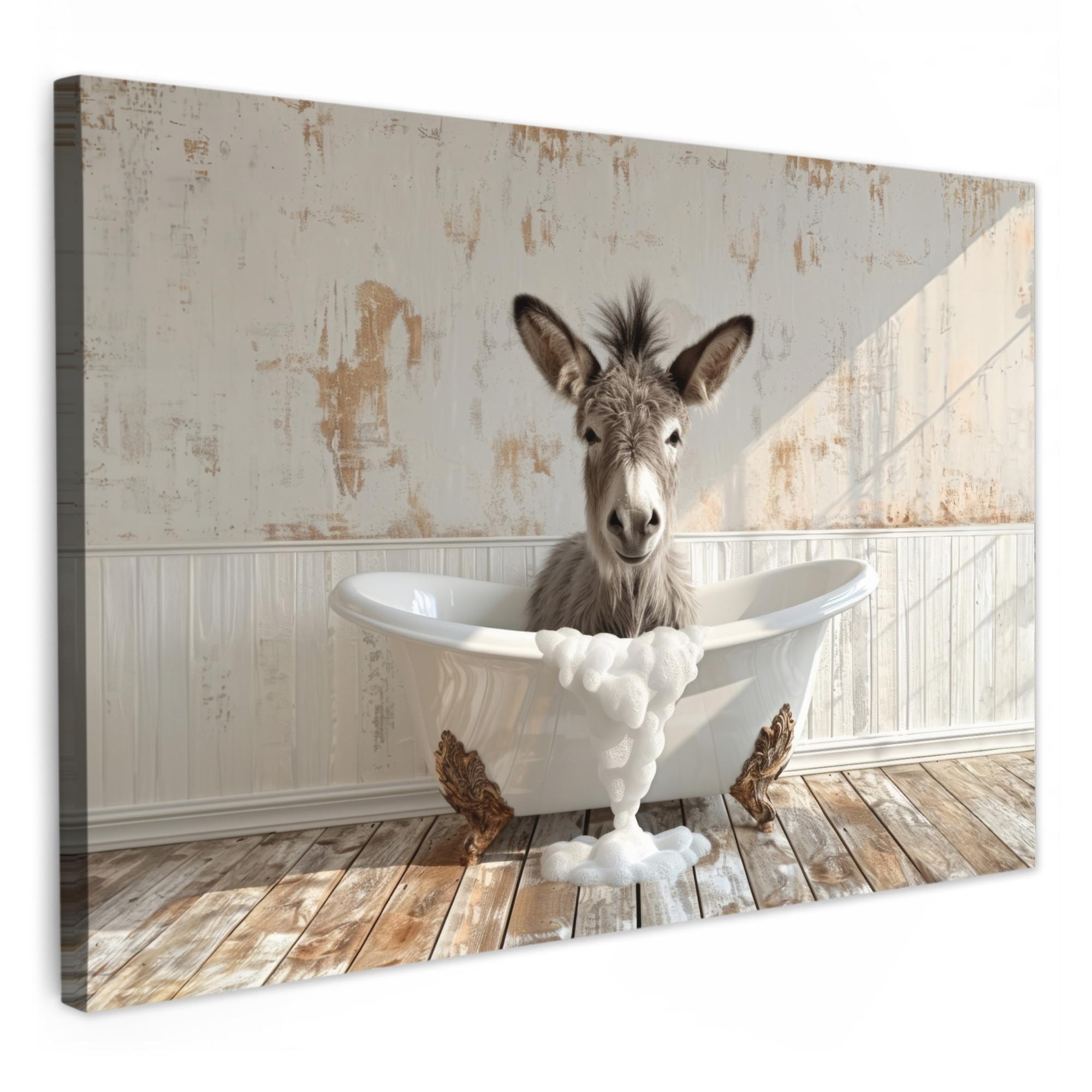 LEINWANDBILD Esel - Tiere - Badewanne - Schaumstoff Wohnzimmer Groß 120x80 cm - Weiß, Textil (120/80cm) - MuchoWow