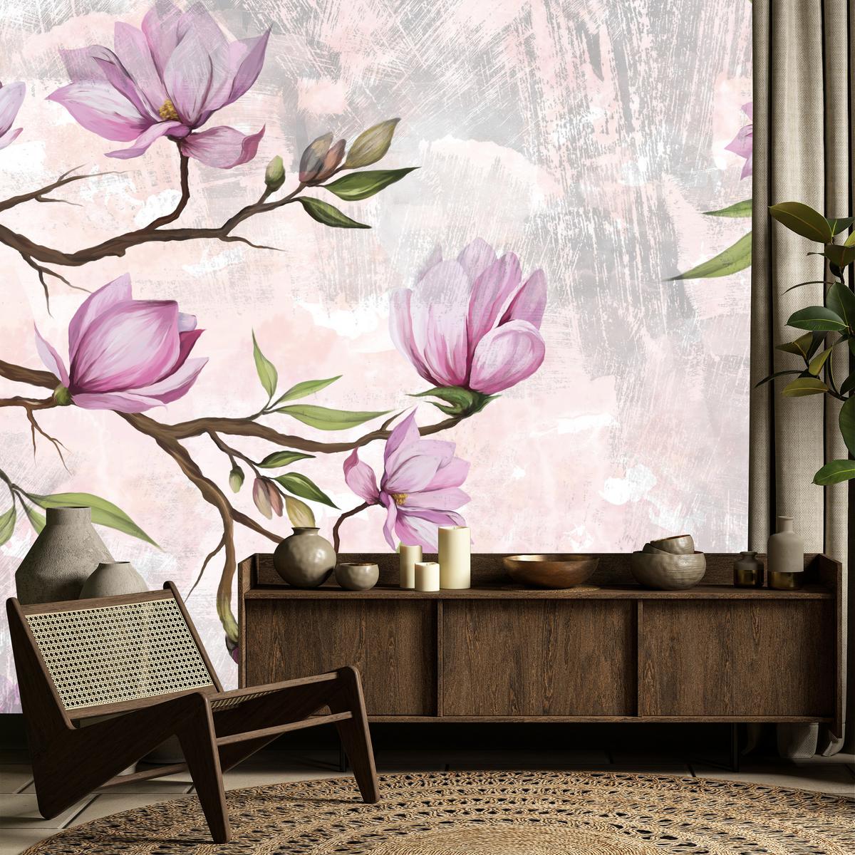 FOTOTAPETE für Schlafzimmer Rosa Magnolienblüten Botanisch 300x210 - Beige/Violett, Papier (300/210cm) - Muralo