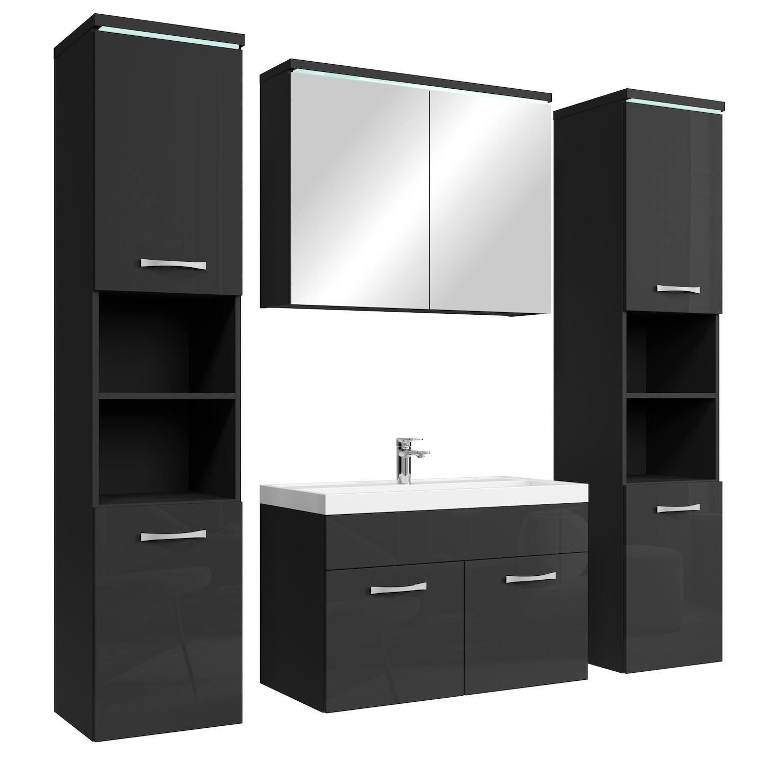 BADMÖBEL-SET Paso LED 5 Teile Schwarz Hochglanz - 80 x 35 x 55 cm - Schwarz, Holz (80/55/40cm) - Badplaats