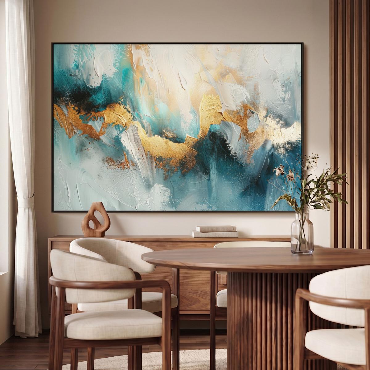 LEINWAND Bilder mit Rahmen - Abstrakt - Kunst - Gold - Blau - 150x100 - Petrol, Textil (150/100cm) - MuchoWow