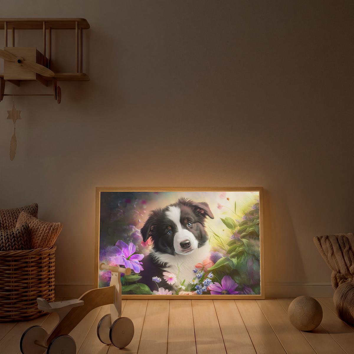 NACHTTISCHLAMPE MIT AKKU Welpe - Sonne - Blumen - Natur - Border Collie - Hund 90x60 cm - Violett, Holzwerkstoff (8/90/60cm) - OnlyWow