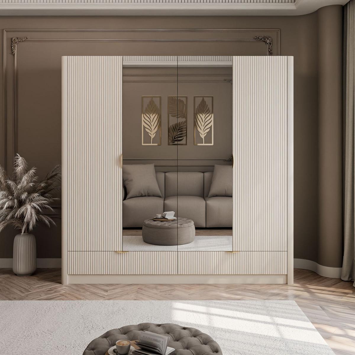 WARDROBE SCARLETT MIT SCHUBLADEN BEIGE + GOLD - Beige, Holzwerkstoff - Lookway