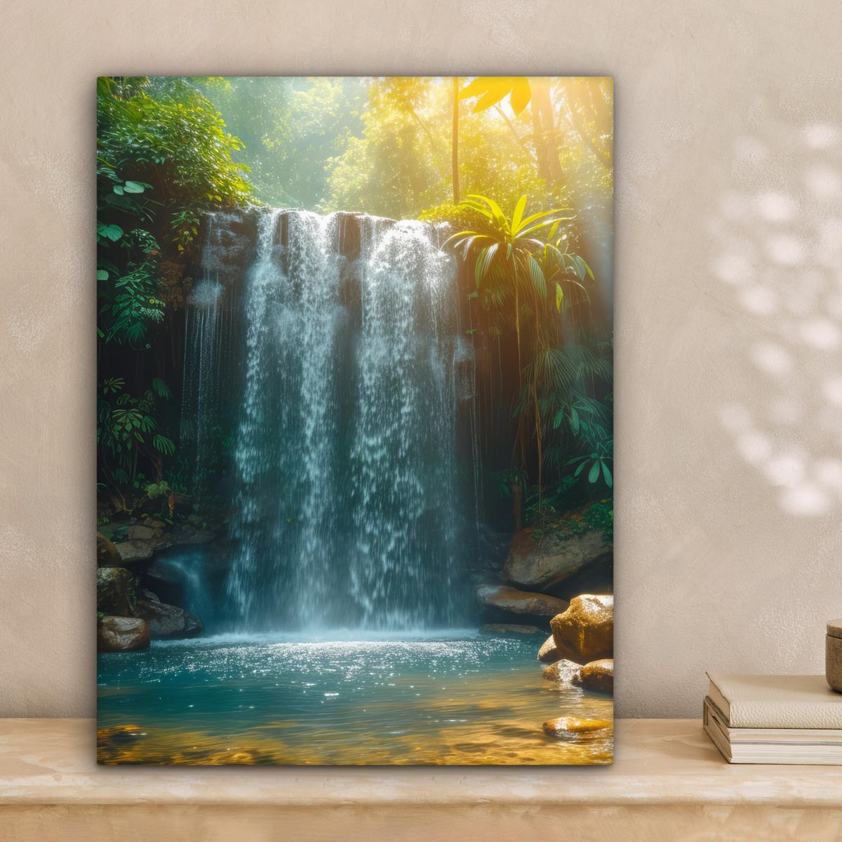 LEINWANDBILD Wasserfall - Dschungel - Sonne - Grün - Natur Room Decor 30x40 cm - Grün, Textil (30/40cm) - MuchoWow