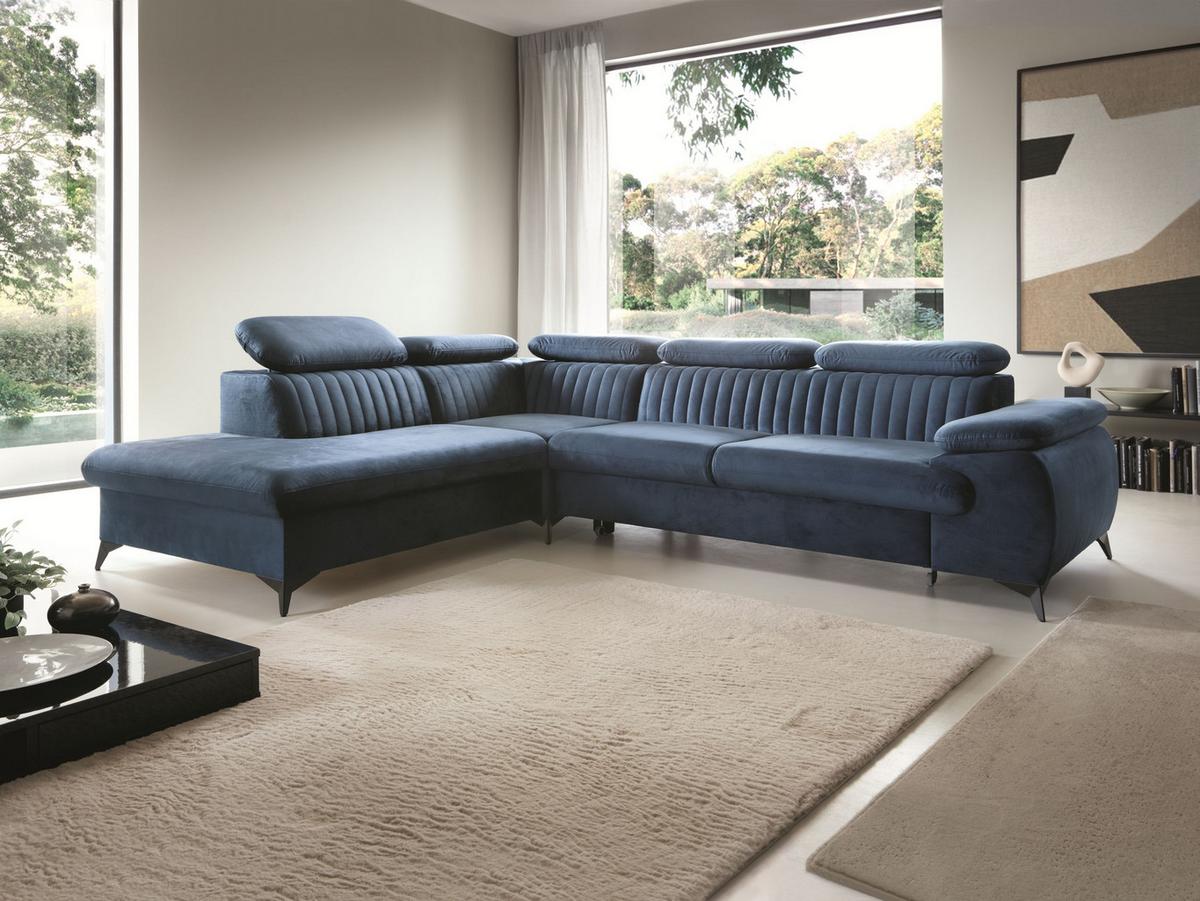 ECKSOFA FIORE Blau Velours-Stoff mit Schlaffunktion - Blau, Holz (280/193cm) - MASSENO