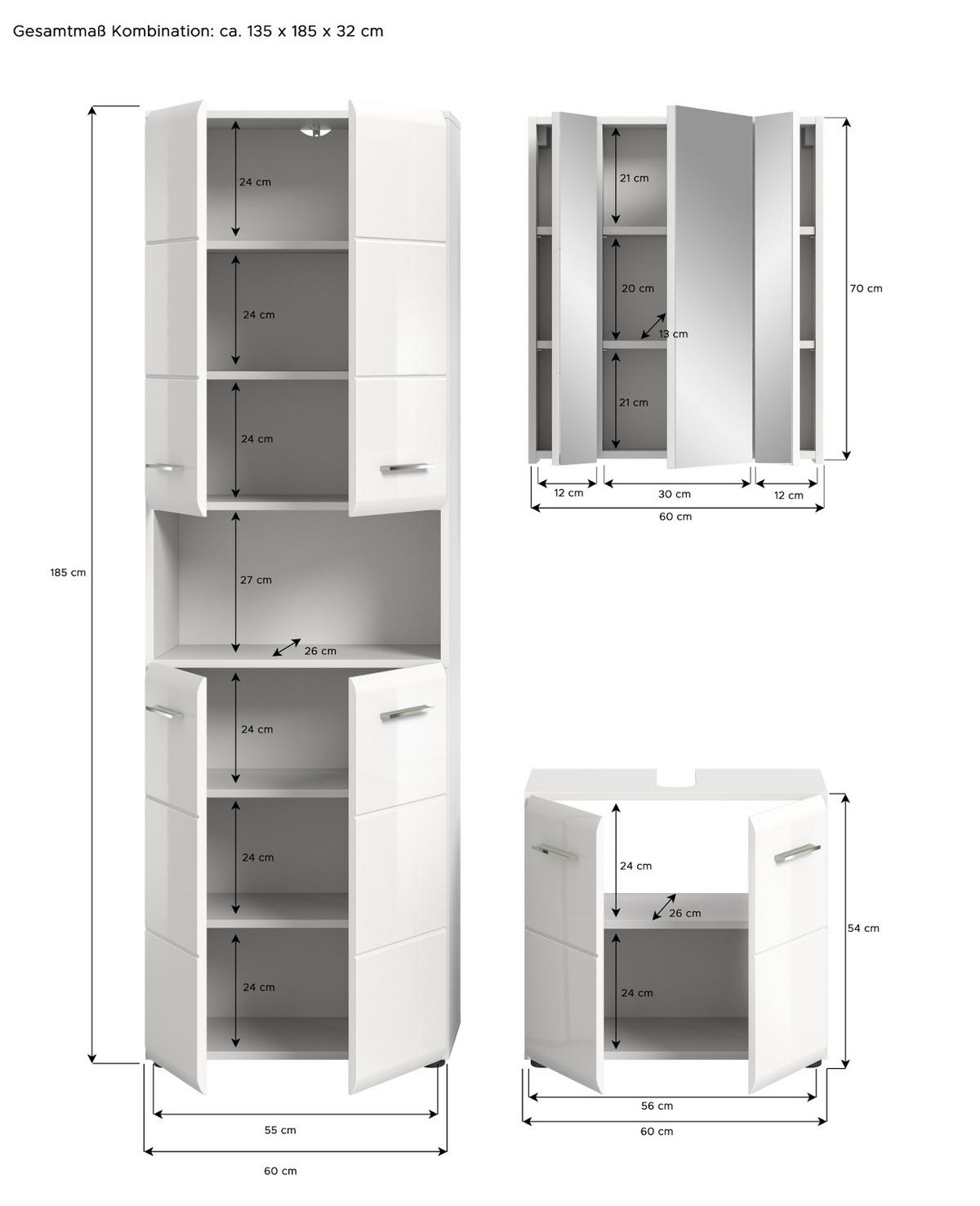 BADMÖBEL-SET 3-teilig weiß Hochglanz, Badkombination 135 cm mit viel Stauraum - Weiß Hochglanz/Silberfarben, Glas/Holzwerkstoff (135/185/30cm) - Inn.Furn
