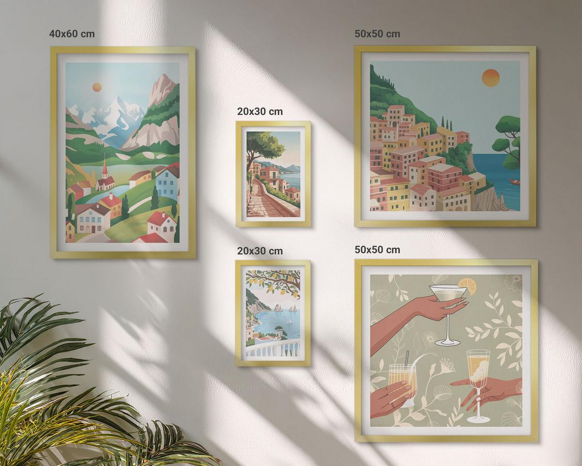 BILDER SET 5er Set - 50x50 cm & 20x30 cm & 40x60 cm Goldrahmen - Meereslandschaften, Zitrusfrüchte - Goldfarben, Kunststoff (40/60cm) - TULUP