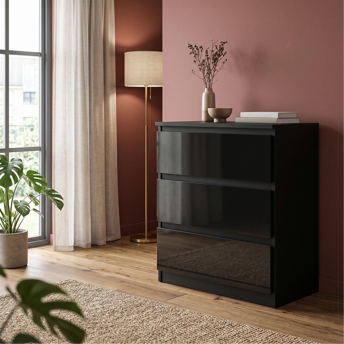 KOMMODE NUDO 70/78,5/39cm mit 3 Schubladen Türen Schwarz - Schwarz Hochglanz/Schwarz, Holzwerkstoff (70/78.5/39cm) - MASSENO