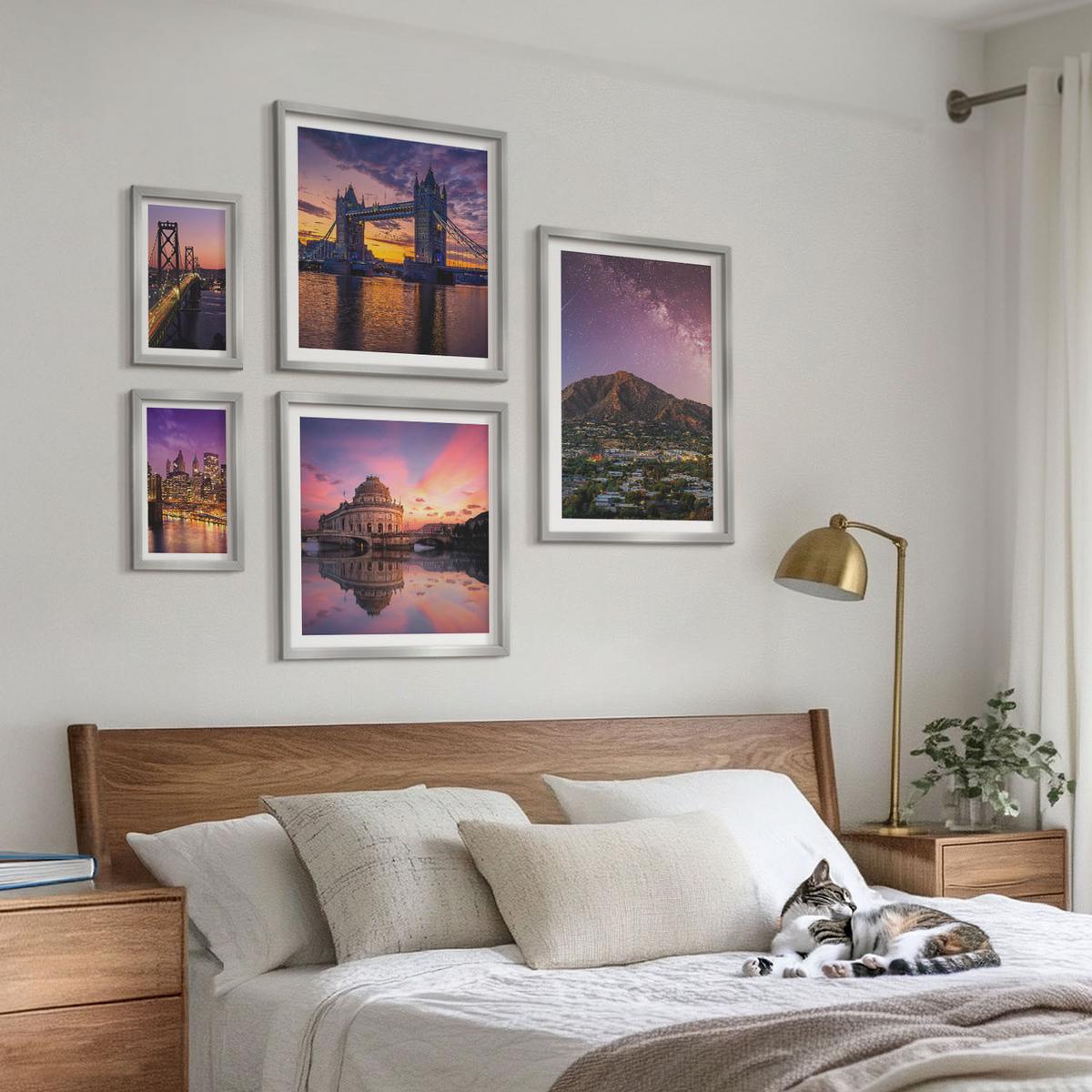 BILDER SET 5er Set - 50x50 cm & 20x30 cm & 40x60 cm Silberner Rahmen - Brücken, Sonne, Stadtblick - Silberfarben, Kunststoff (40/60cm) - TULUP