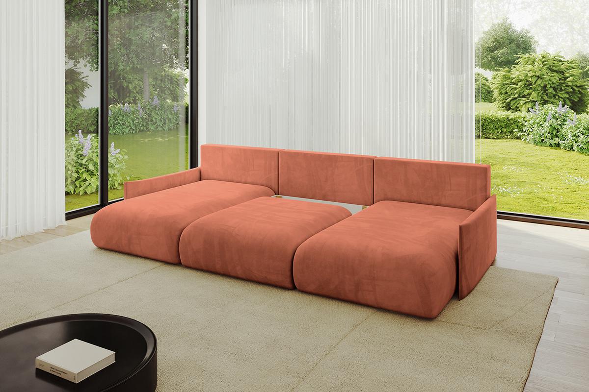 WOHNLANDSCHAFT mit Schlaffunktion und Bettkasten ONESK-U-v1 317x177x72 Apricot Velours - Koralle, Holzwerkstoff/Kunststoff (317/72/177cm) - ALTDECOR