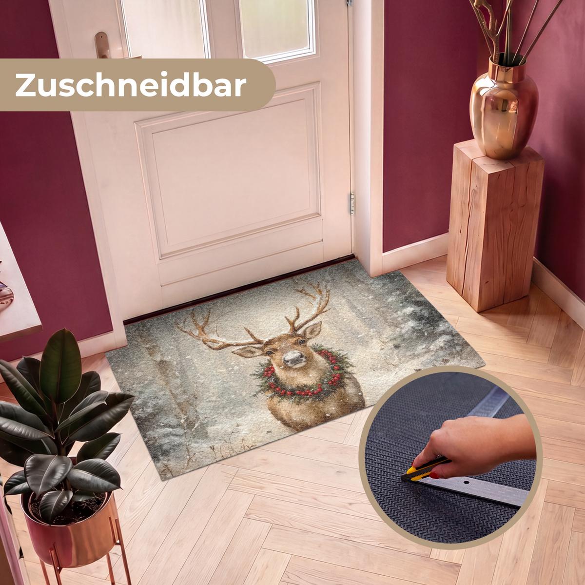 FUSSMATTE Weihnachten - Rentier - Winter - Kranz Flurteppich 120x80 cm - Braun, Kunststoff (120/0.4cm) - MuchoWow
