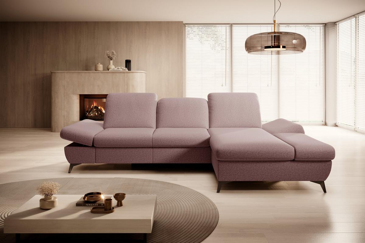 ECKSOFA FELICE R-S Rosa Geflochtener Stoff mit Schlaffunktion - Rosa, Holz (284/166cm) - MASSENO
