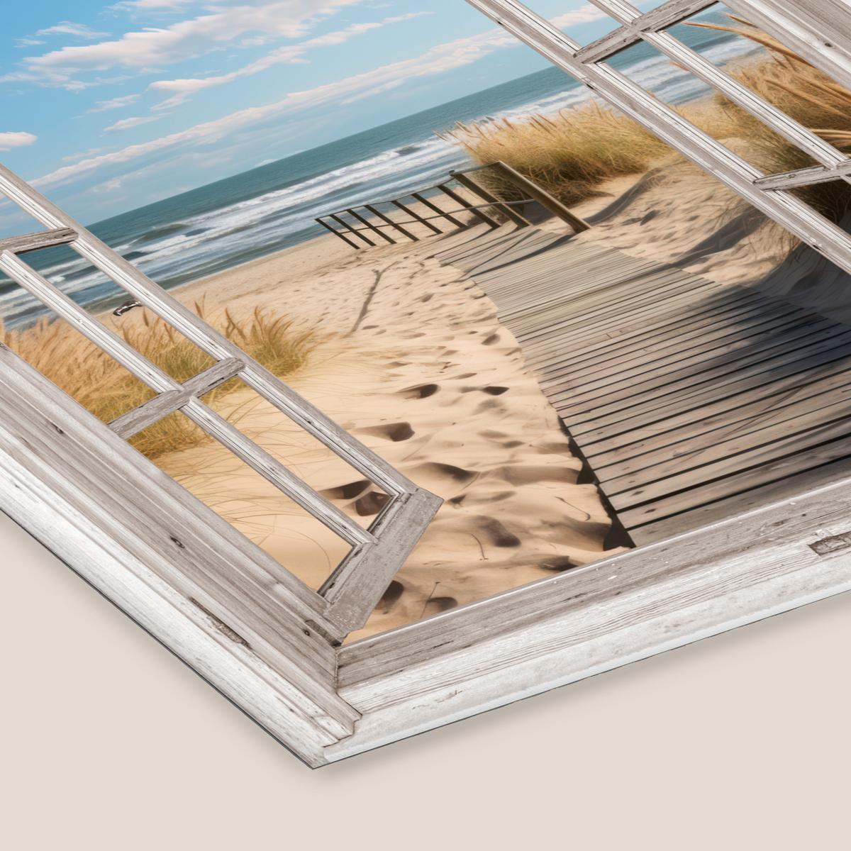 POSTER MIT RAHMENGERAHMTES BILD Fenster - Meer - Küste - Natur - Ausblick - Strand - Wattenmeer 40x40 cm - Beige, Papier (40/40cm) - MuchoWow