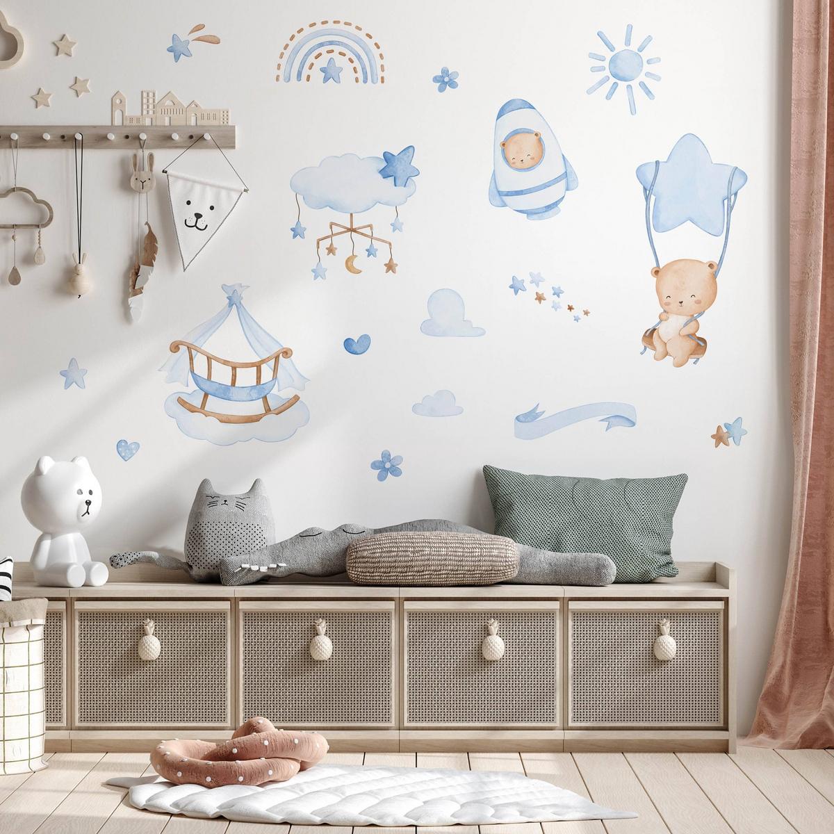 WANDSTICKER Teddybären blaue Wolken Sterne Regenbogen 60x30 - Blau/Beige, Papier (60/30/1cm) - Muralo