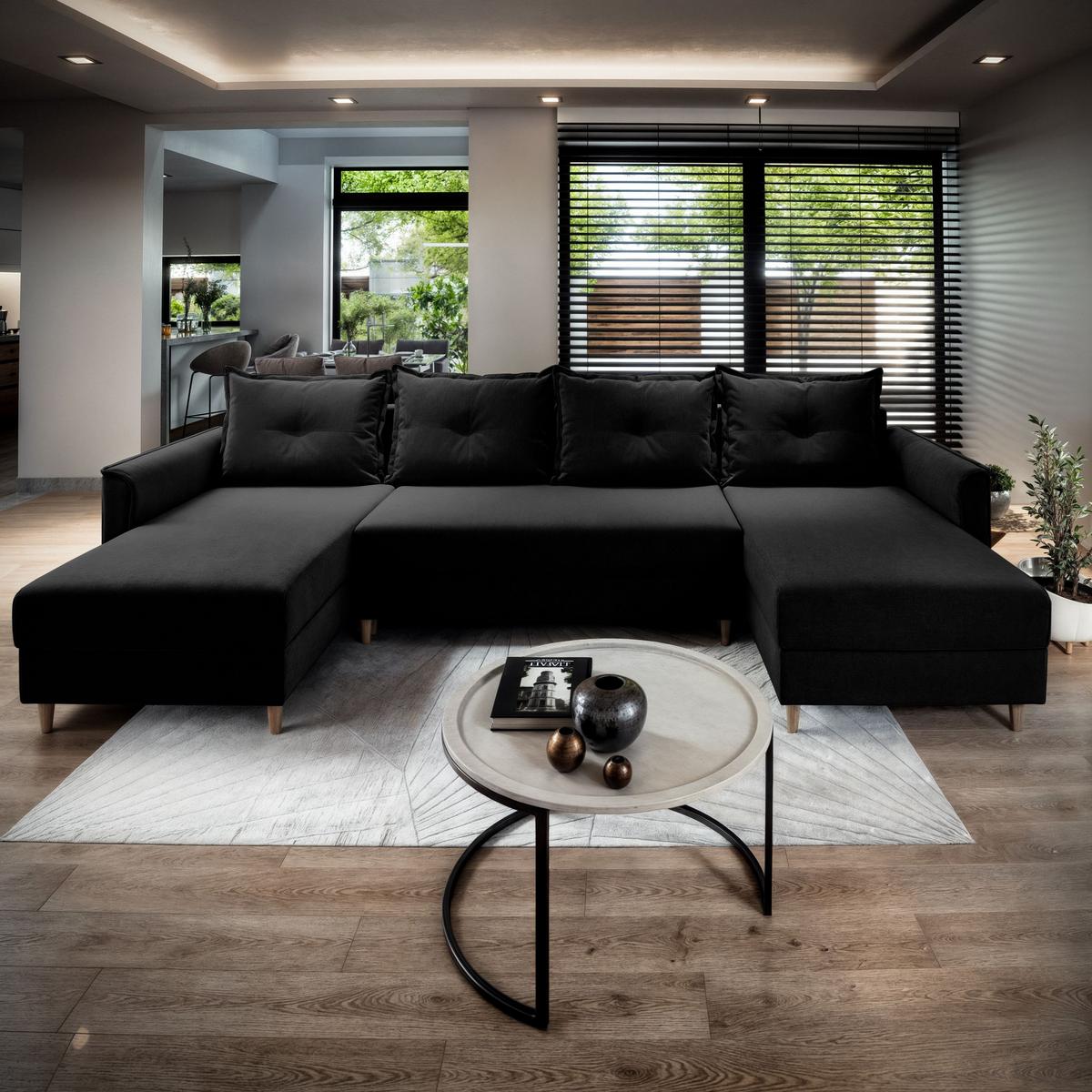 WOHNLANDSCHAFT VERNI Schwarz Plüsch-Stoff mit Schlaffunktion - Schwarz/Braun, Holz/Textil (285/91/143cm) - MASSENO