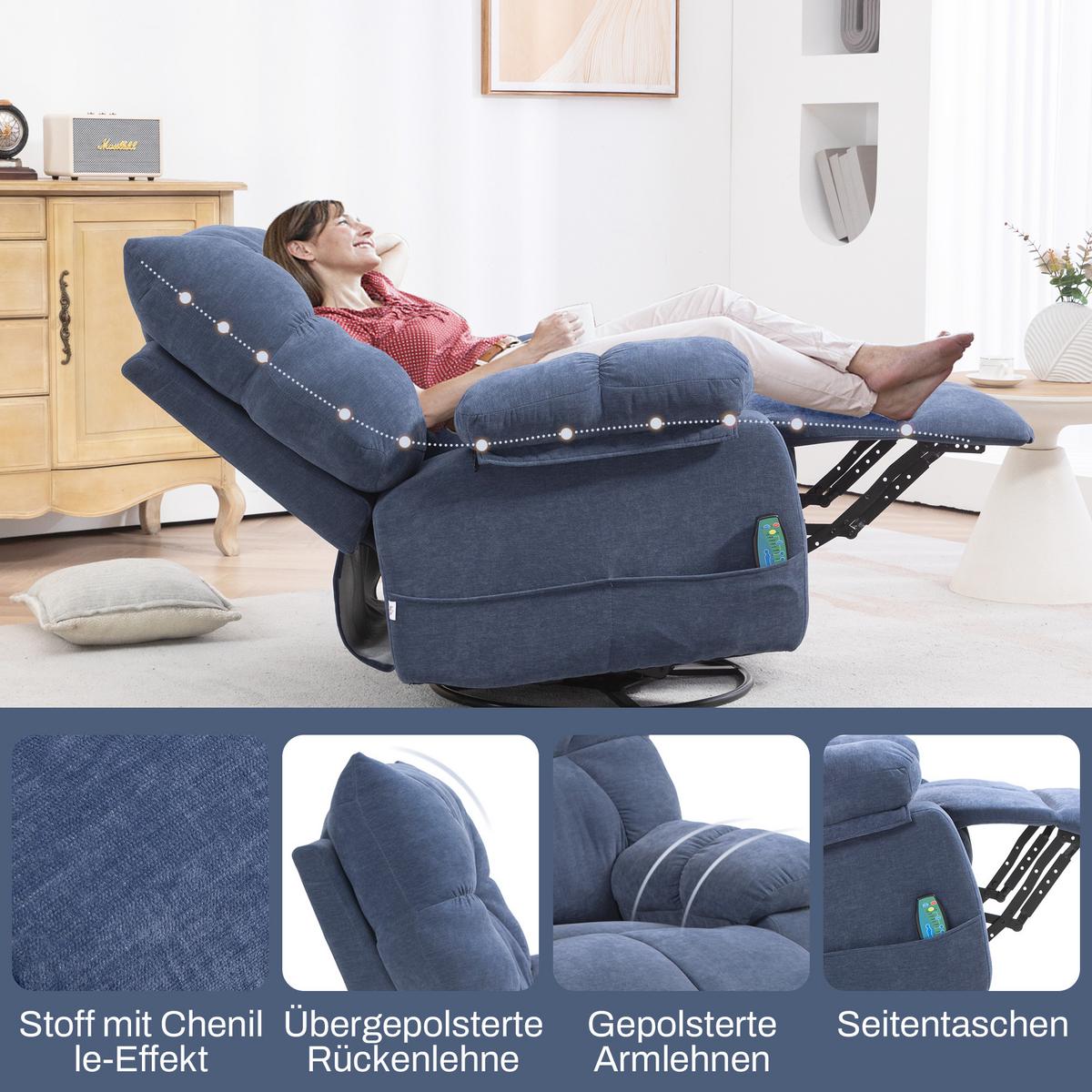 RELAXSESSEL mit Massagefunktion, Elektrisch Fernsehsessel mit Wärmfunktion - Blau/Schwarz, Textil/Metall (90/98/98cm) - HOMCOM