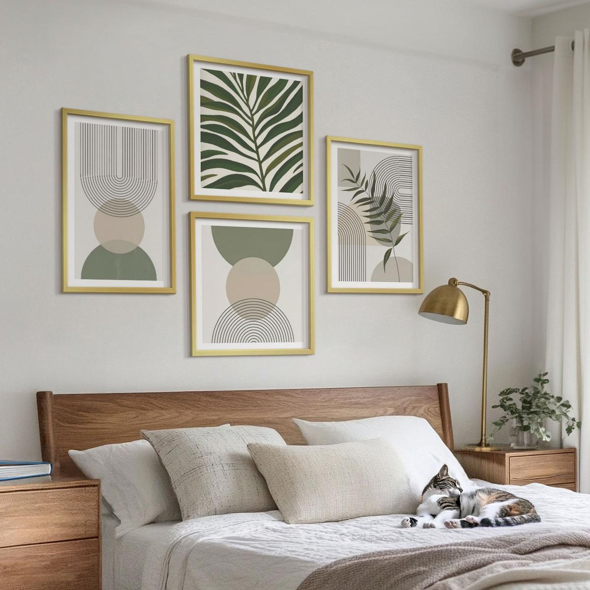 BILDER SET 4er Set - 50x50 cm & 40x60 cm Goldrahmen - Abstrakte Blätter im Boho-Stil - Goldfarben, Kunststoff (50/50cm) - TULUP