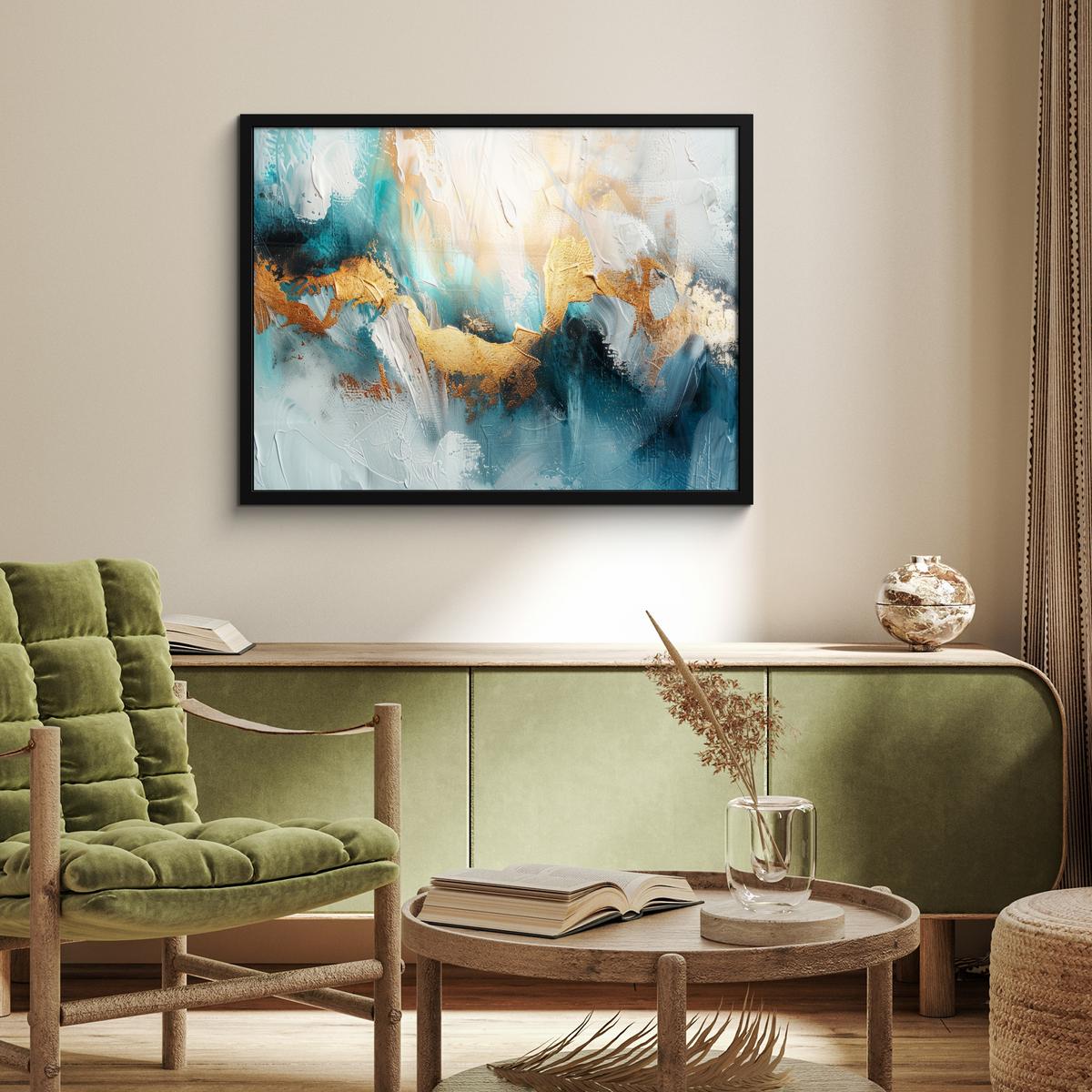 POSTER MIT RAHMENGERAHMTES BILD Abstrakt - Kunst - Gold - Blau 80x60 cm - Petrol, Papier (80/60cm) - MuchoWow