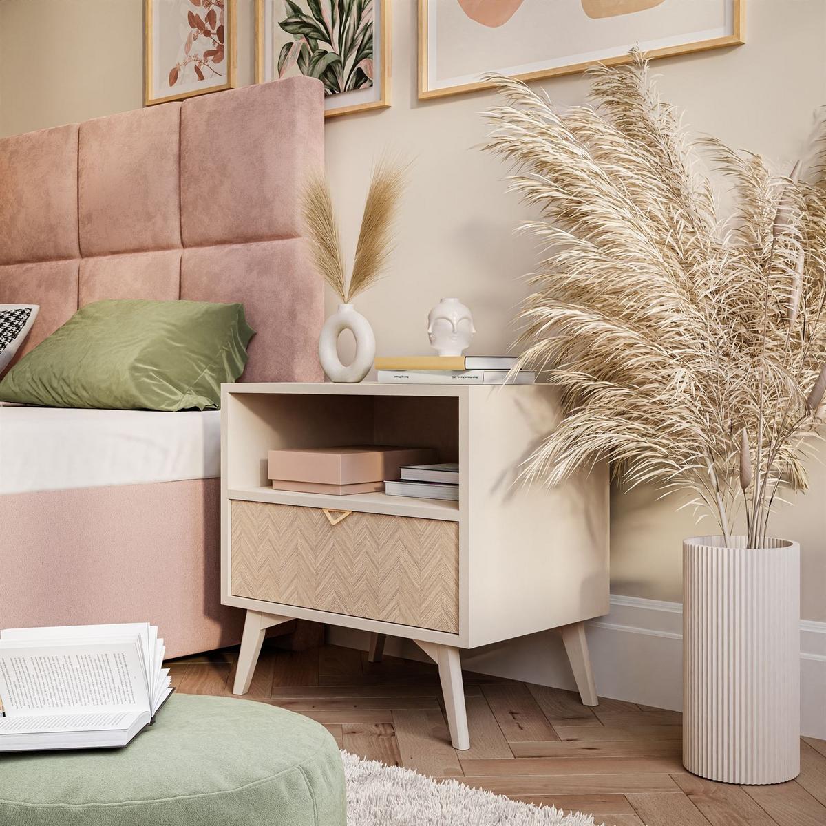 NACHTTISCH ALOE mit Fischgrätenmuster Scandi Sandbeige - Beige, Holzwerkstoff (54/54/38cm) - Lookway