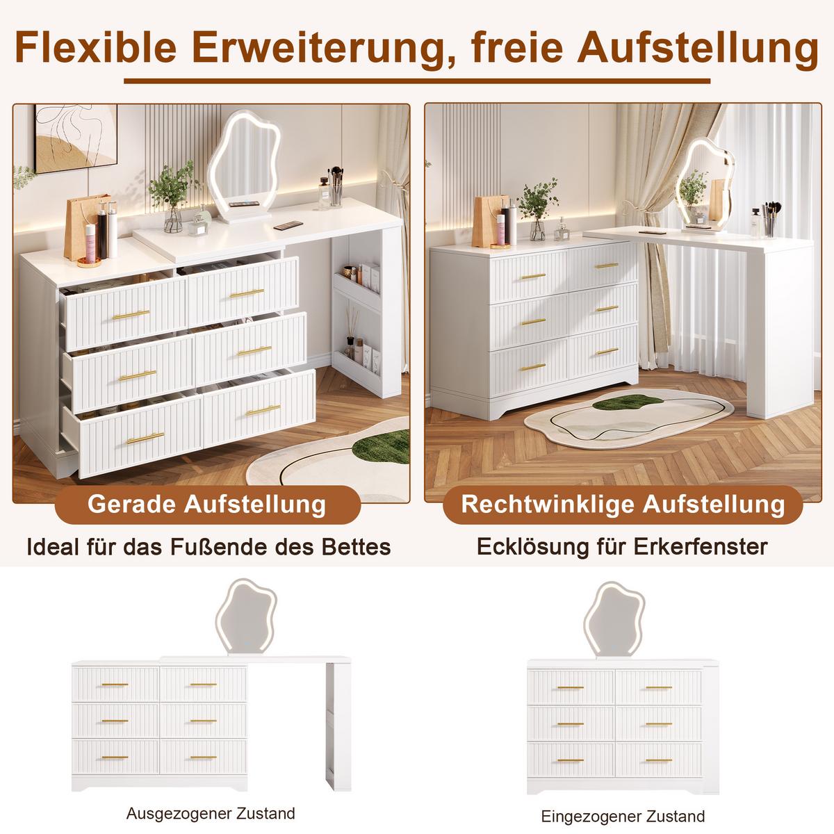 SCHMINKTISCH Drehbar L-Form Weiß Gold LED-Spiegel 6 Schubladen - Weiß, Holzwerkstoff (110/129/40cm) - Urban Meuble