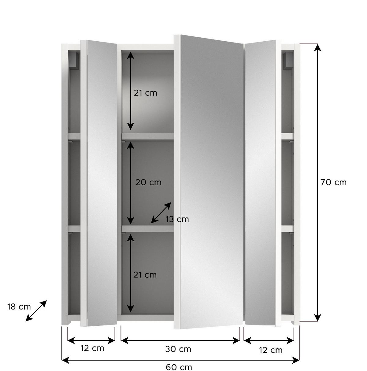 SPIEGELSCHRANK weiß 60 x 70 cm, Badschrank 3-türig mit Spiegel - Weiß, Glas/Holzwerkstoff (60/70/18cm) - Inn.Furn