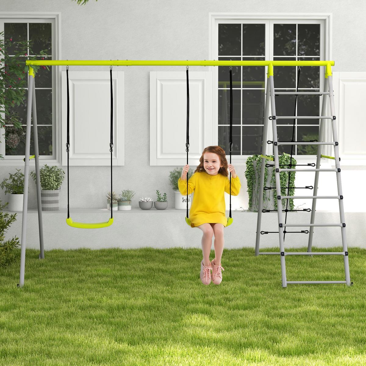 KINDERSCHAUKEL-SET, Kletternetz, Sprossenleiter, für 3-8 Jahre, wetterfest, Grün - Grün, Kunststoff/Metall (185/260cm) - Outsunny