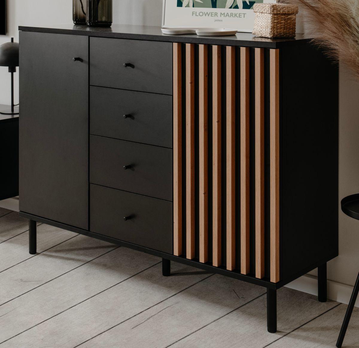 KOMMODE schwarz, Eiche Artisan 118, Sideboard mit viel Stauraum - Schwarz/Eiche Artisan, Holzwerkstoff/Metall (118/90/40cm) - Furn.Design