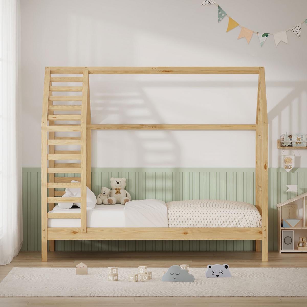 KINDERBETT 80x160 cm mit Lattenrost Dach und Fenster Hausbett aus massivem Kiefernholz Natur - Naturfarben, Holz (80/160cm) - ML-DESIGN