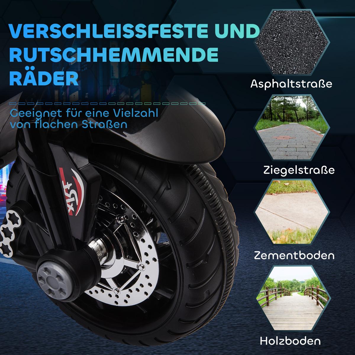 KINDER-ELEKTROMOTORRAD Kinderfahrzeug mit Lichtern und Geräuschen bis 3km/h - Schwarz, Metall (86/42/52cm) - HOMCOM