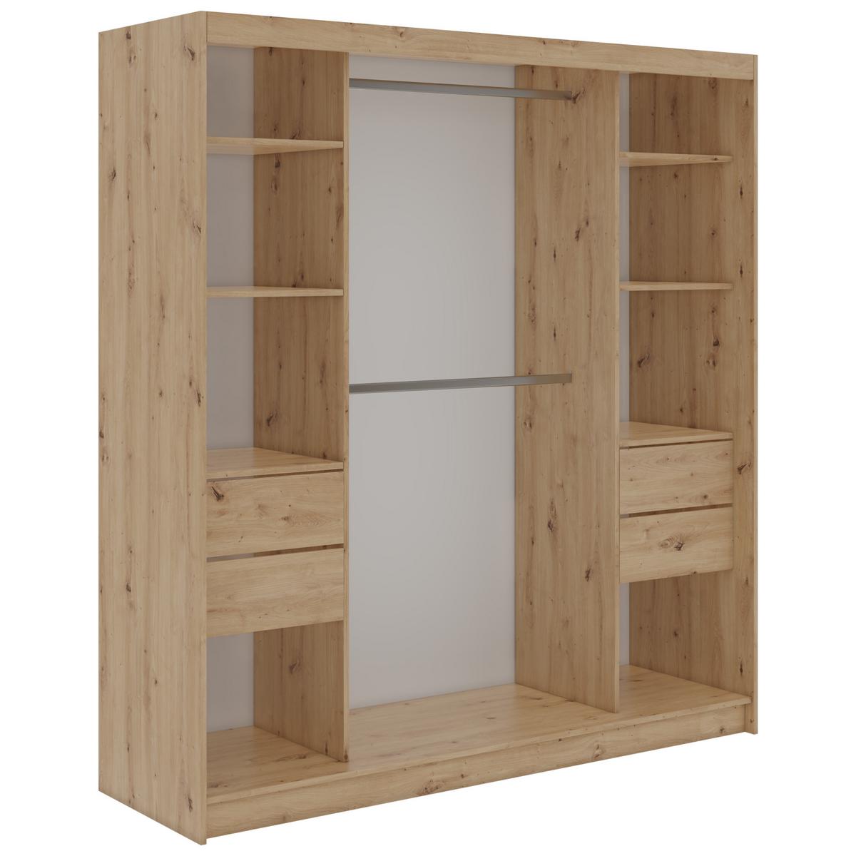 SCHWEBETÜRENSCHRANK mit Schubladen 200 - SKORIA - Eiche Artisan mit Spiegel - Alufarben/Eiche Artisan, Holzwerkstoff/Metall (200/216/61cm) - MKS
