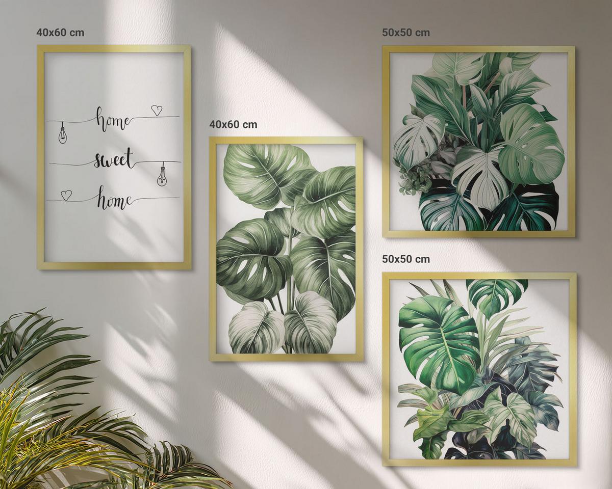 BILDER SET 4er Set - 50x50 cm & 40x60 cm Goldrahmen - Aquarell-Monstera-Blätter - Goldfarben, Kunststoff (50/50cm) - TULUP
