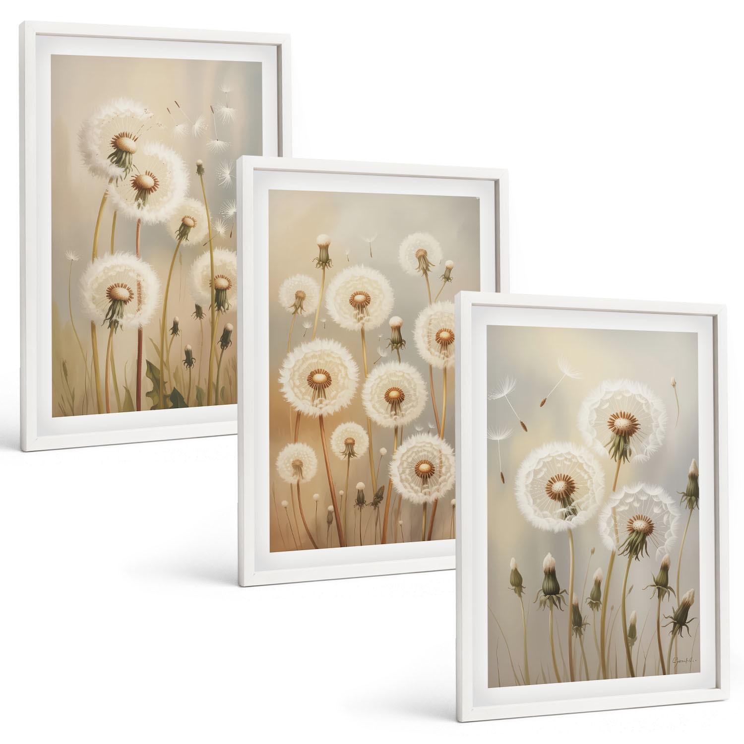 BILDER SET 3er Set - 40x60 cm Weißer Rahmen - Weiße Löwenzahnblüten auf hellem Hintergrund - Weiß, Kunststoff (40/60cm) - TULUP
