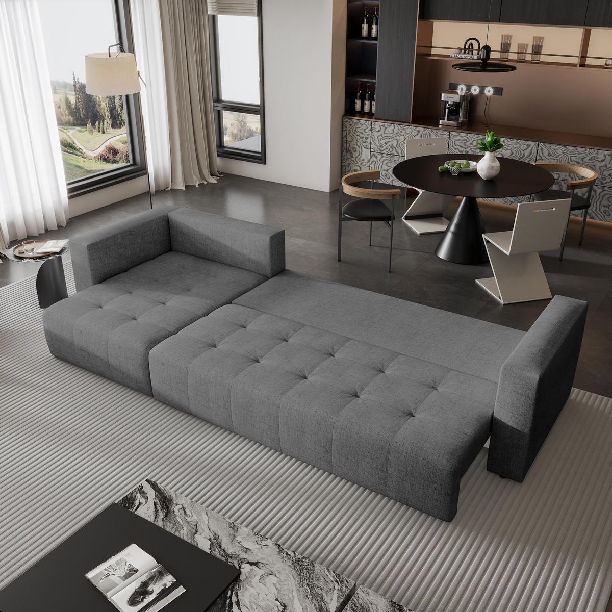 ECKSOFA OLVERA Grau Geflochtener Stoff mit Schlaffunktion - Grau, Holz (347/148cm) - MASSENO