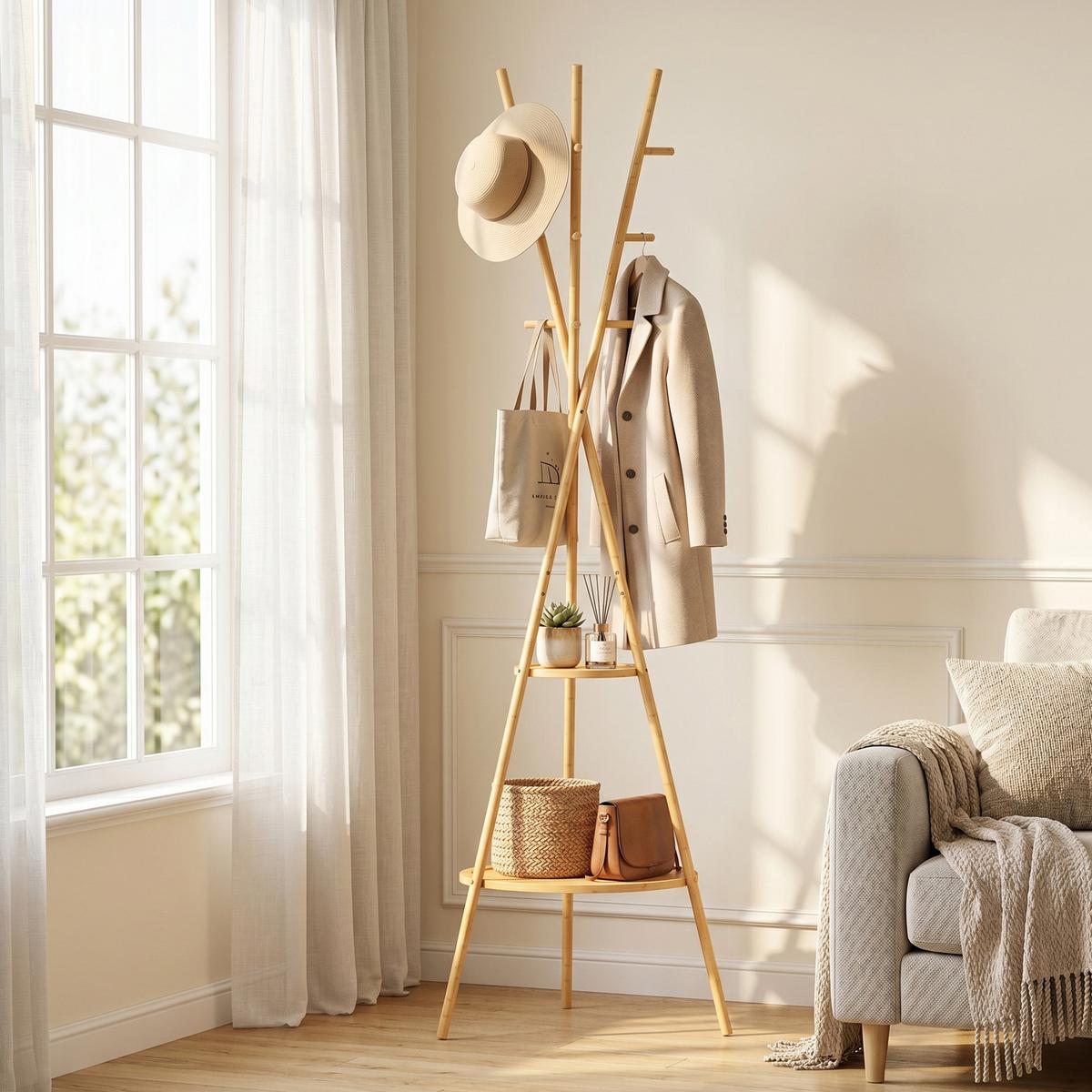 GARDEROBENSTÄNDER Bambus MDF Naturholz - Naturfarben, Naturmaterialien/Holzwerkstoff (58.5/176/58.5cm) - HOMCOM