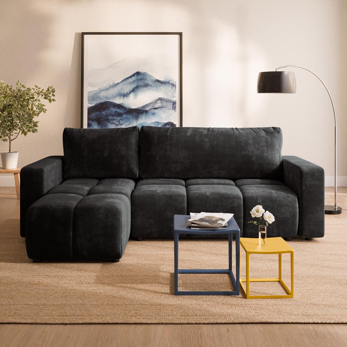 ECKSOFA RAMIL Schwarz Chenille mit Schlaffunktion - Schwarz, Holz (240/149cm) - MASSENO