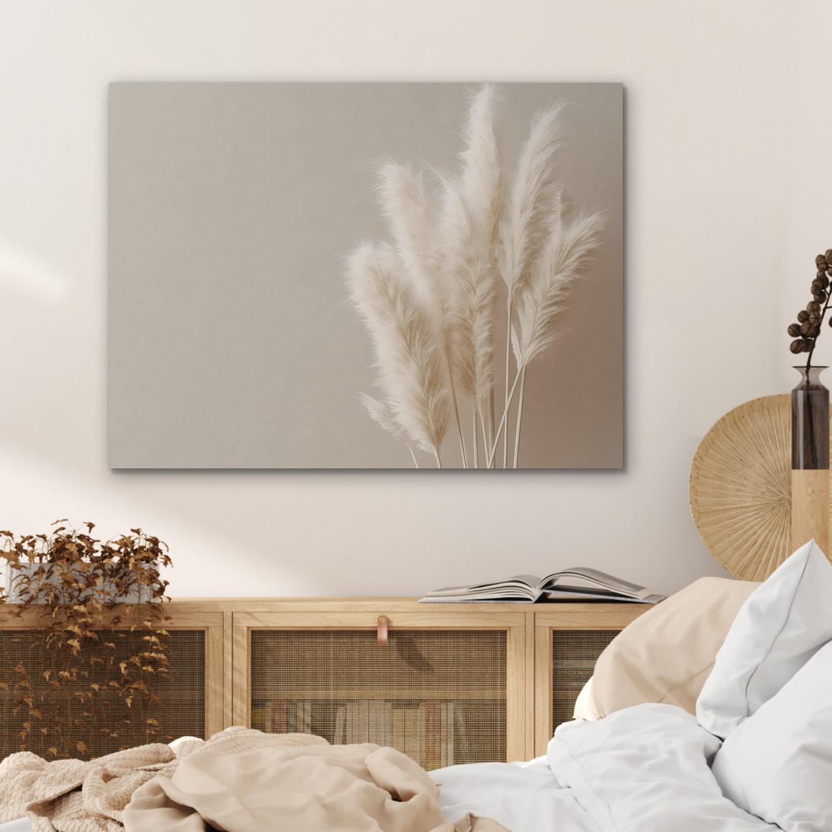 AKUSTIKBILD Pampasgras - Federn - Pastell - Weiß Gemälde 80x60 cm - Naturfarben, Kunststoff (80/60/0.9cm) - MuchoWow