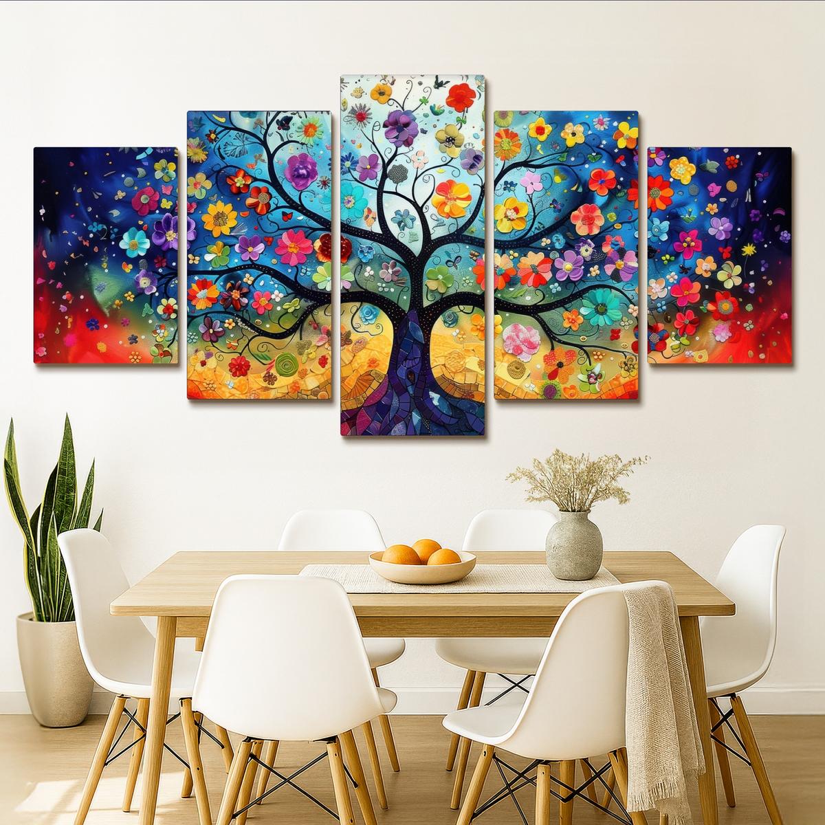 LEINWANDBILD 5er Set Bunt - Baum des Lebens - Blumen - Abstrakt 200x100 cm - Blau, Textil (200/100cm) - MuchoWow