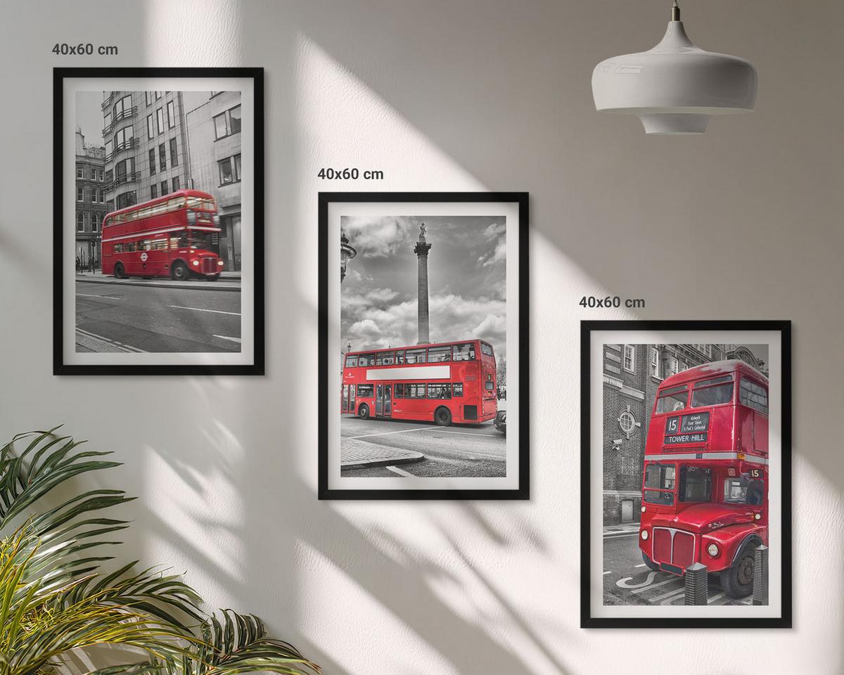 BILDER SET 3er Set - 40x60 cm Schwarzer Rahmen - Rote Busse in London - Schwarz, Kunststoff (40/60cm) - TULUP