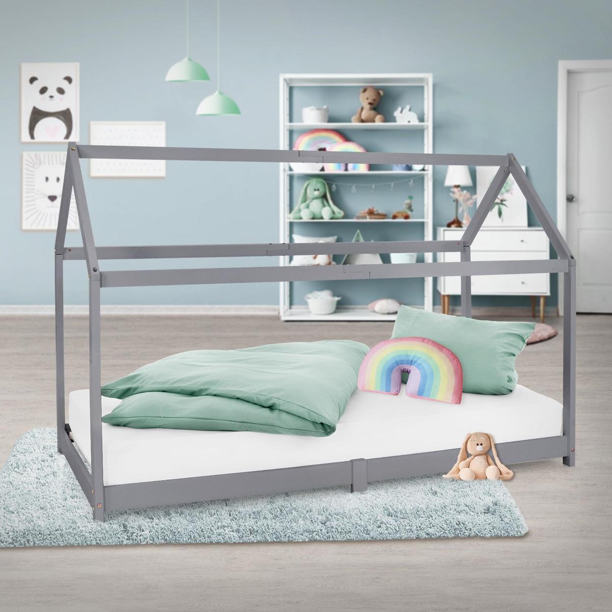 KINDERBETT mit Dach und Matratze 90x200 cm Hellgrau - Hellgrau, Holz (90/200cm) - ML-DESIGN