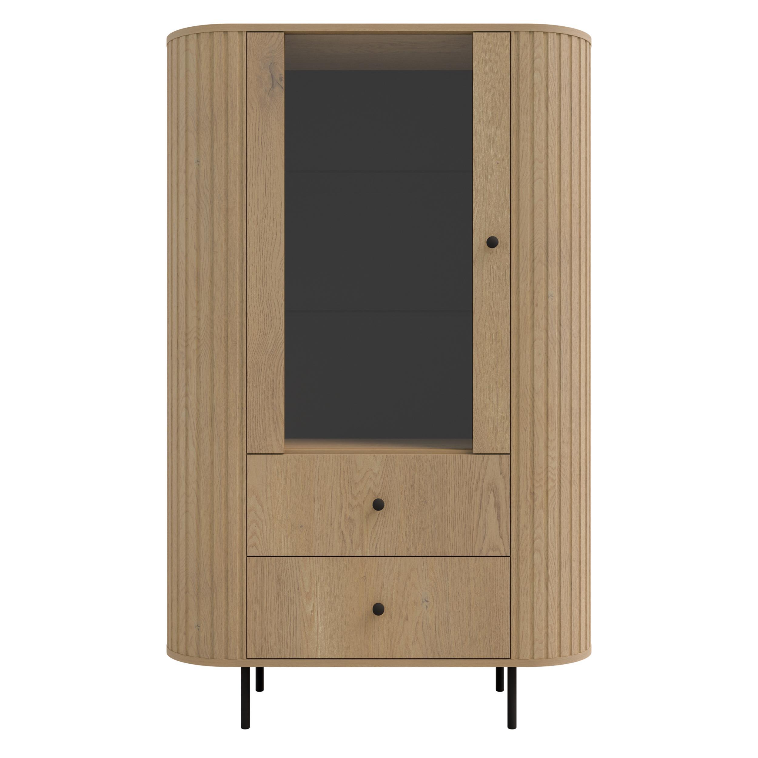 VITRINE Halay Eiche Cremona, 1 Tür & 2 Schubladen Moderne Rillenstruktur, mit runden Kanten - Eichefarben/Schwarz, Holzwerkstoff/Metall (97.4/155/42.3cm) - AX Living