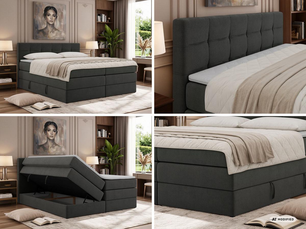 BOXSPRINGBETT SOLVEN KING 200/200 - Dunkelgrau Jersey - Topper T25 - H4 - Dunkelgrau/Schwarz, Kunststoff/Textil (200/200cm) - MKS