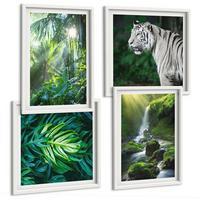 BILDER SET 4er Set - 50x50 cm & 40x60 cm Weißer Rahmen - Dschungel-Weißtiger-Wasserfall - Weiß, Kunststoff (50/50cm) - TULUP