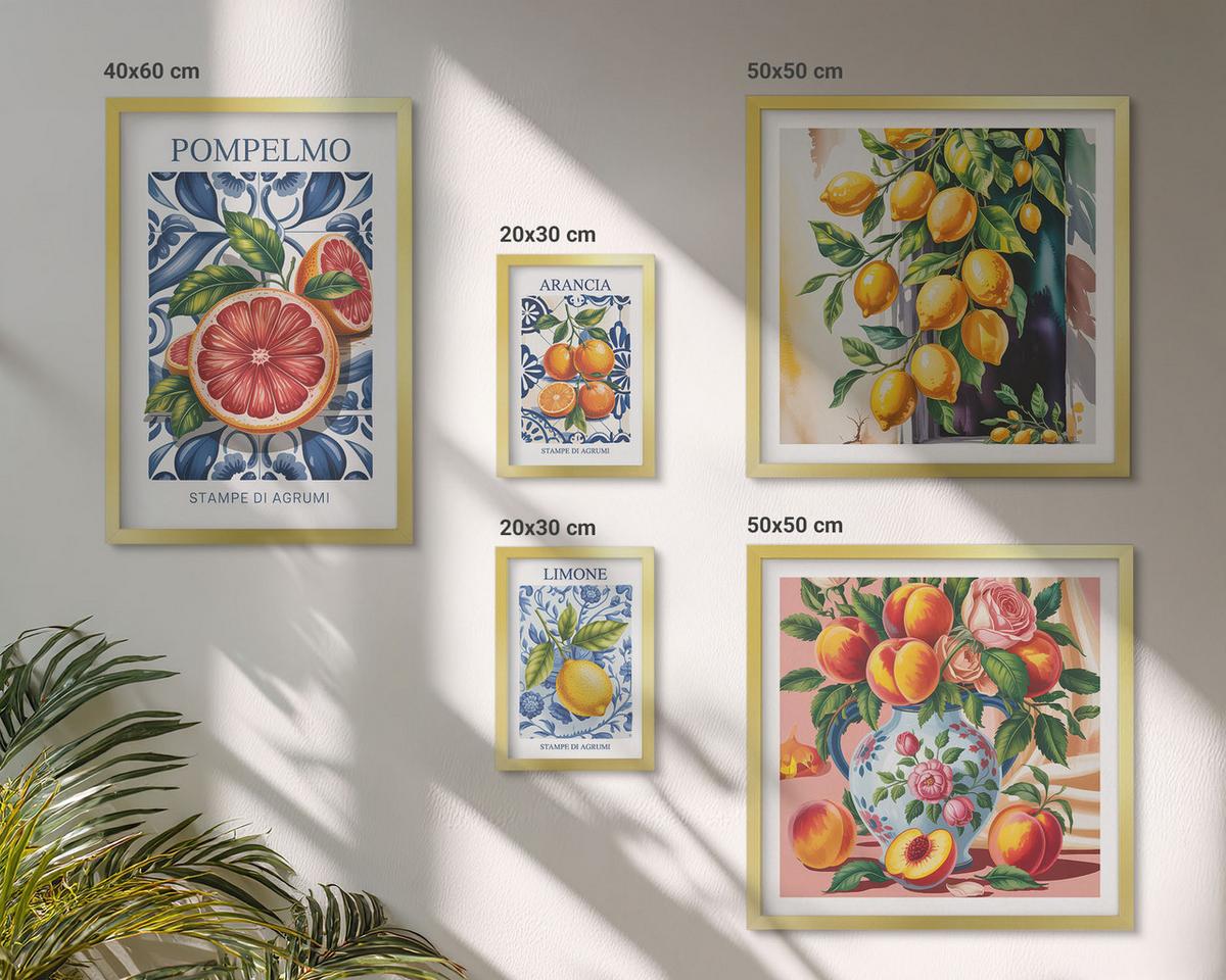 BILDER SET 5er Set - 50x50 cm & 20x30 cm & 40x60 cm Goldrahmen - Illustrationen von Zitrusfrüchten - Goldfarben, Kunststoff (40/60cm) - TULUP