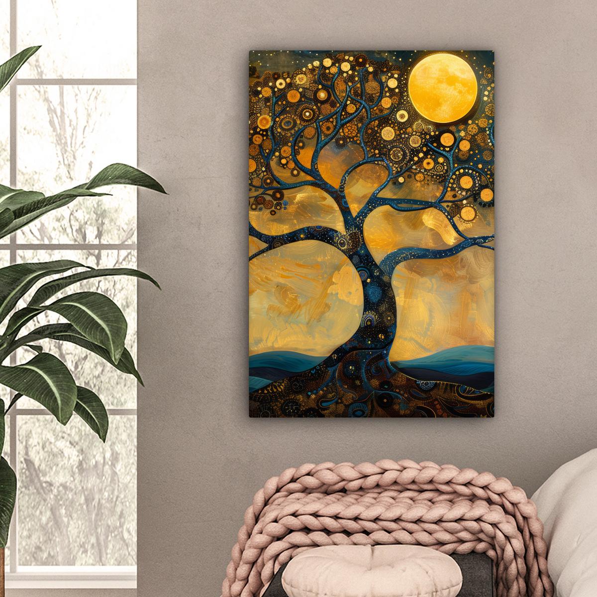 LEINWANDBILD Baum - Mond - Blumen - Gold - Kunst Wanddeko Schlafzimmer 60x90 cm - Orange, Textil (60/90cm) - MuchoWow
