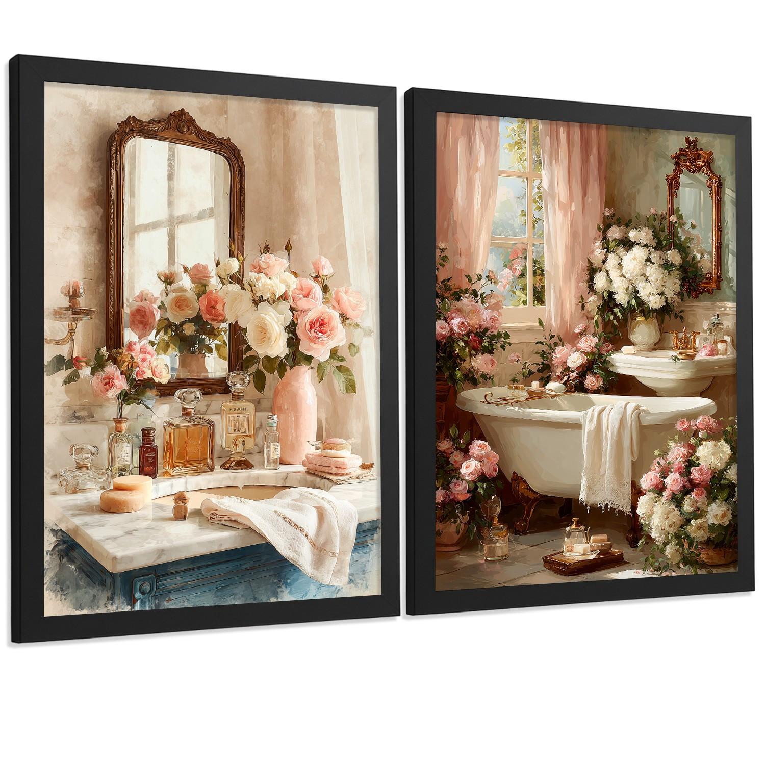 POSTER 2er-Set dekorative Badezimmerdrucke, romantischer Vintage-Stil, Bilder mit Rosen, Spiegelewanne, elegante, Wohndekoration Schwarzer Rahmen A3 - Schwarz, Papier (42/29.7/3cm) - Nacnic