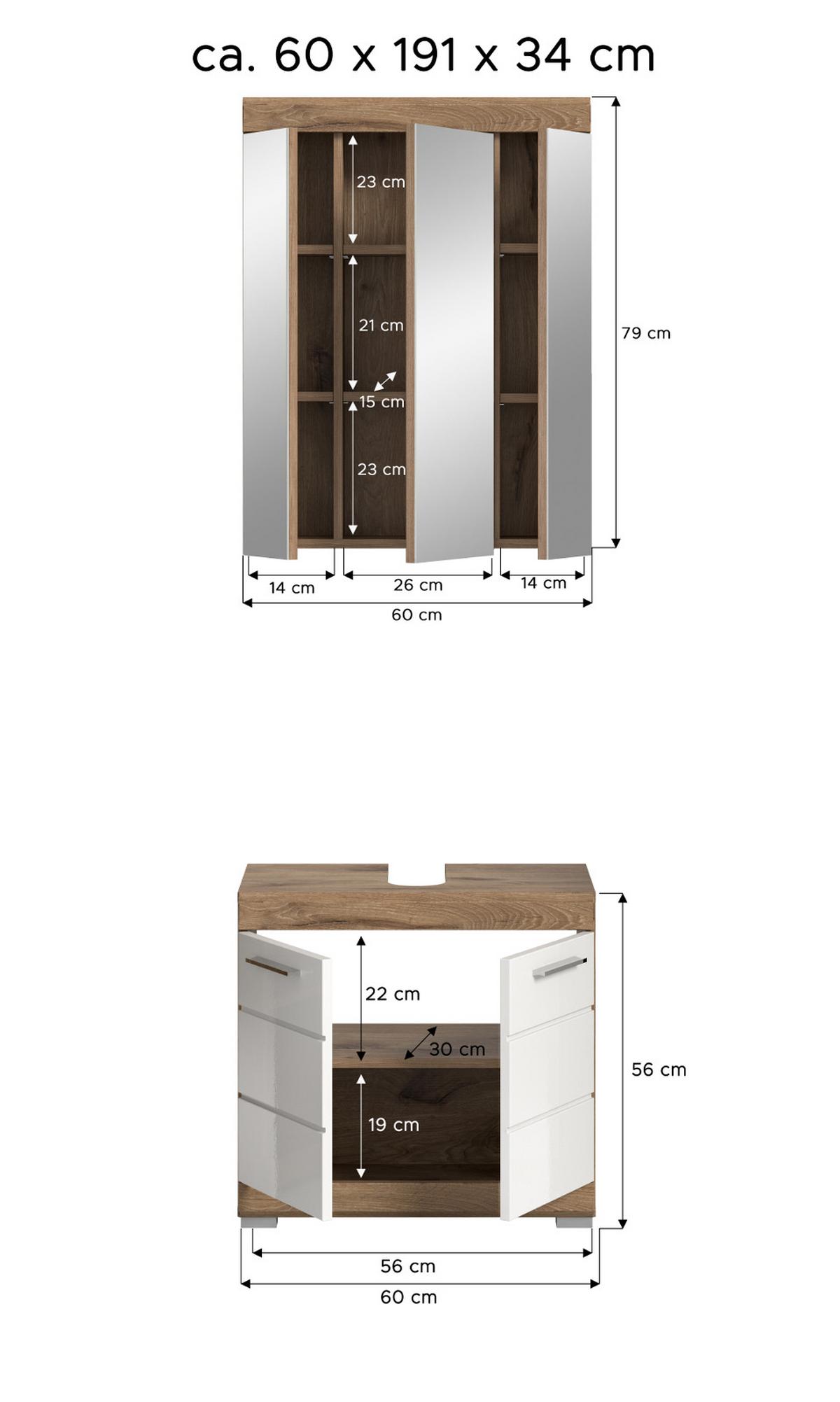 BADMÖBEL-SET weiß Hochglanz, Eiche 2-teilig 60 cm mit viel Stauraum - Weiß Hochglanz/Eichefarben, Glas/Holzwerkstoff (60/191/34cm) - Inn.Furn