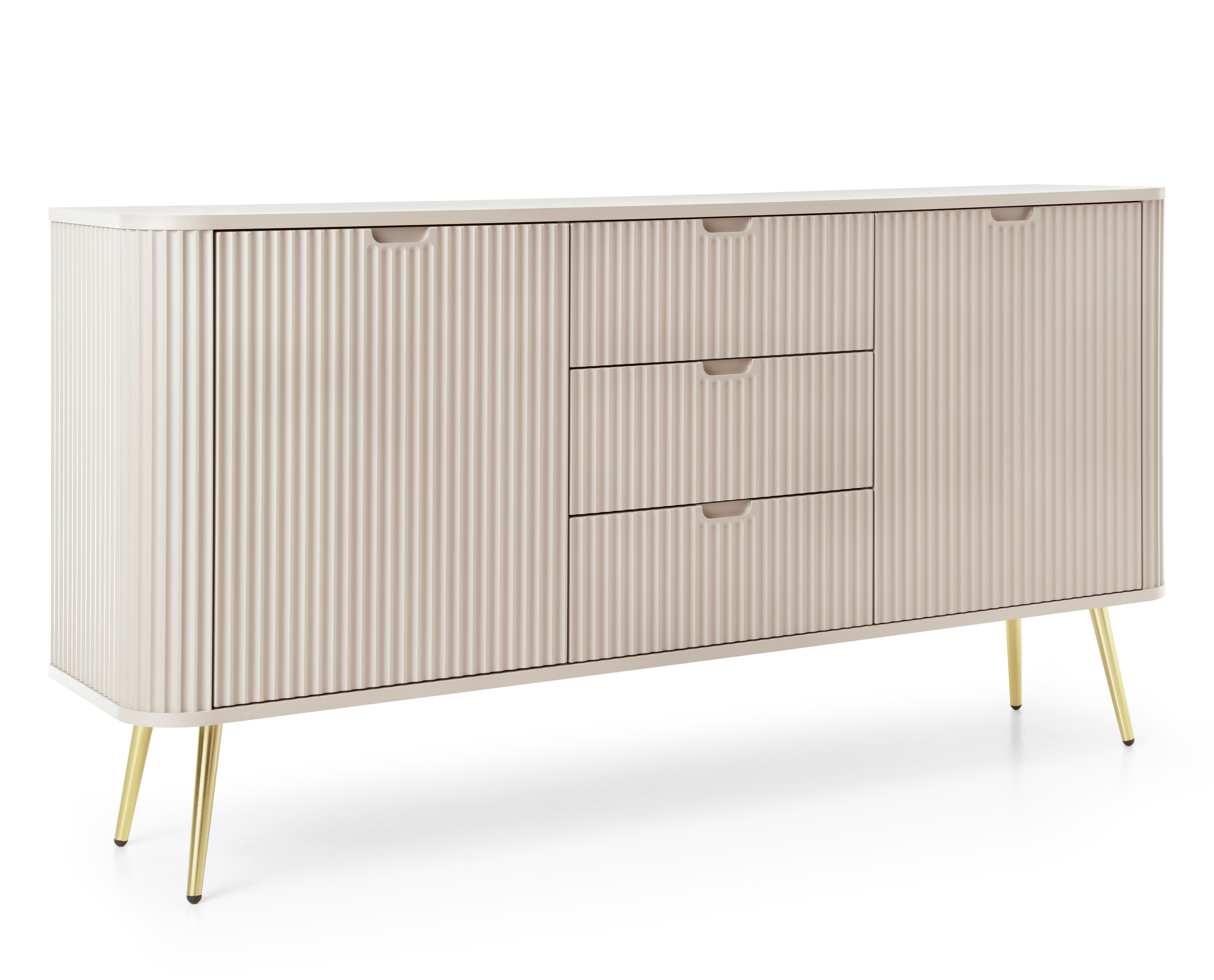 SIDEBOARD Salvia 2T 3S Beige, Gold 168/87/39 cm – mit geriffelten Fronten und hohen Beinen - Beige/Goldfarben, Holzwerkstoff/Metall (168/87/39cm) - AX Living